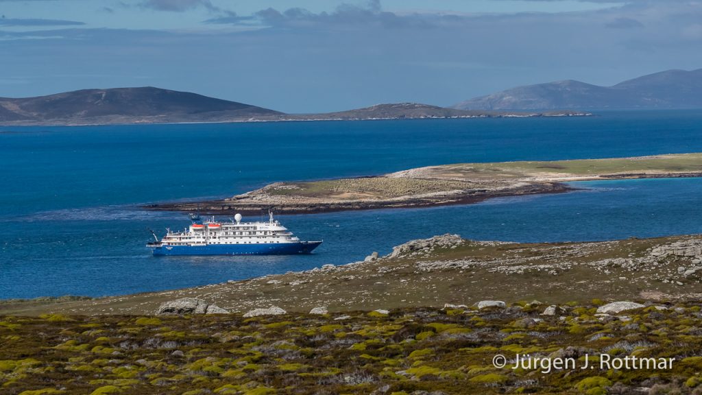 Unser Schiff, die Sea Spirit ankert vor West Point, Falklands